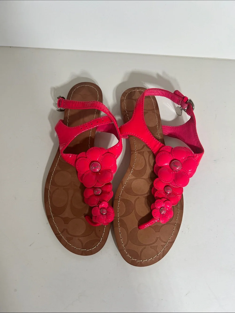 Coach Women's Hot Pink Floral T-Strap Sandals - Picture 1 of 6